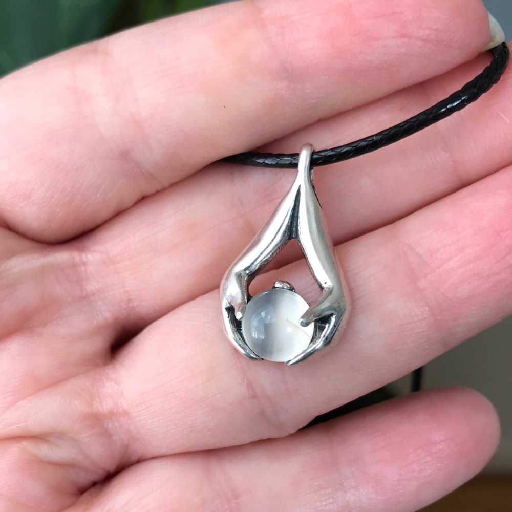 Sterling Silver hands Moonstone Scrying Necklace